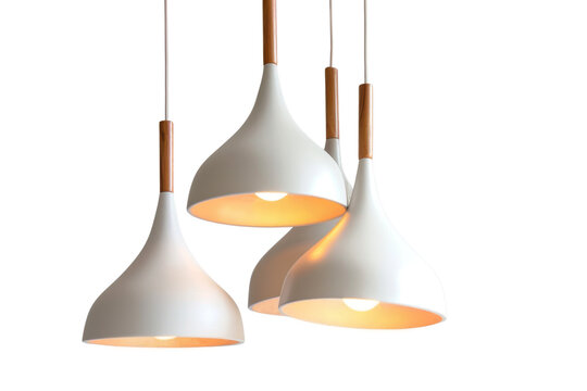 Scandinavian style pendant lights with a white and wood design on transparent background