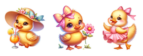 Naklejka premium Adorable baby duck clipart. Playful Ducking Friends