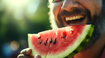 A person enjoying a juicy watermelon slice on a sunny day,