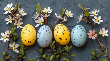 Modern Easter Celebration: Blue and Yellow Eggs, Flowers, and Festive Decor
