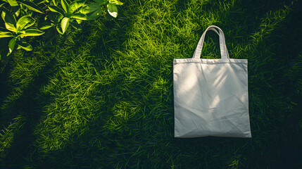 Top View Of Mockup Linen Eco Bag for Retail Branding On The Green Grass