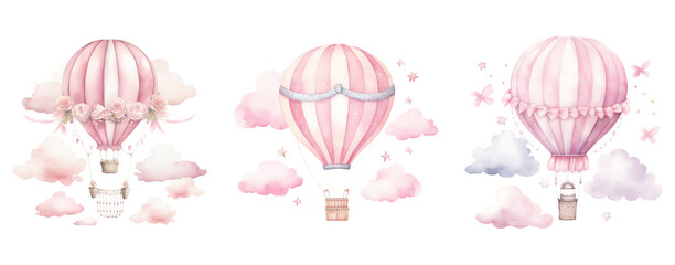 Watercolor Pink Hot Air Balloons Clipart.