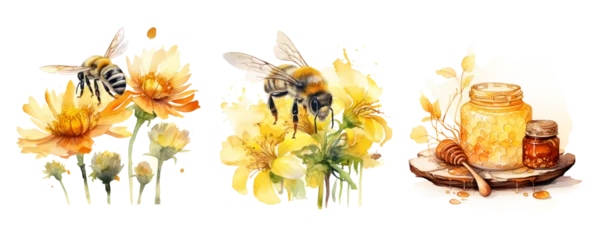 Fotobehang Watercolor Honey Bee Clipart © AuroraCrafts