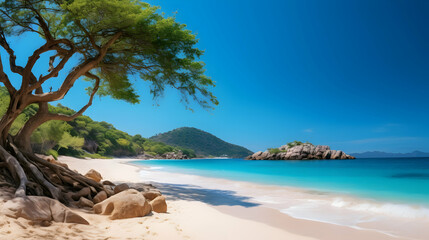 A secluded beach with white sand and turquoise waters,
