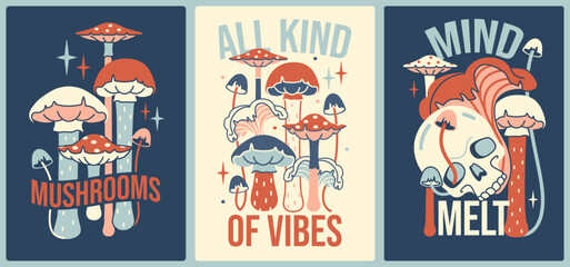 Vintage Hippie mushroom posters, wall art. Psychedelic cottagecore doodle Graphic Tee. Fun trippy style t-shirt prints with shrooms and scull.