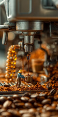 Fototapeta na wymiar Figuren arbeiten an einer Kaffeemaschine, Kaffeefabrik