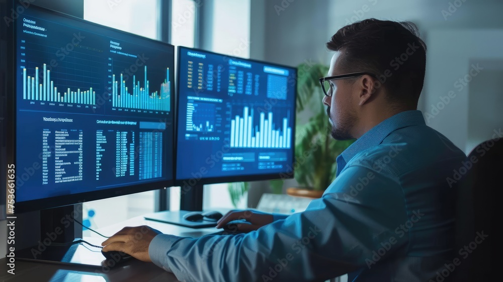 Poster businessman working on computer, analyzing business data, graphs and diagrams in modern office.