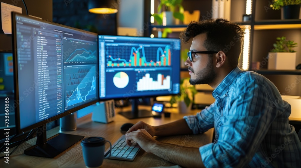 Poster businessman working on computer, analyzing business data, graphs and diagrams in modern office.