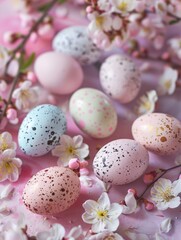 Fototapeta na wymiar Decorative Easter eggs and blooming flowers