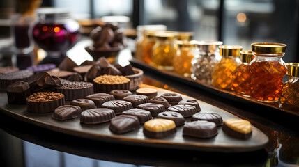 Artisanal chocolates and confections presented in a gourmet chocolatier setup,