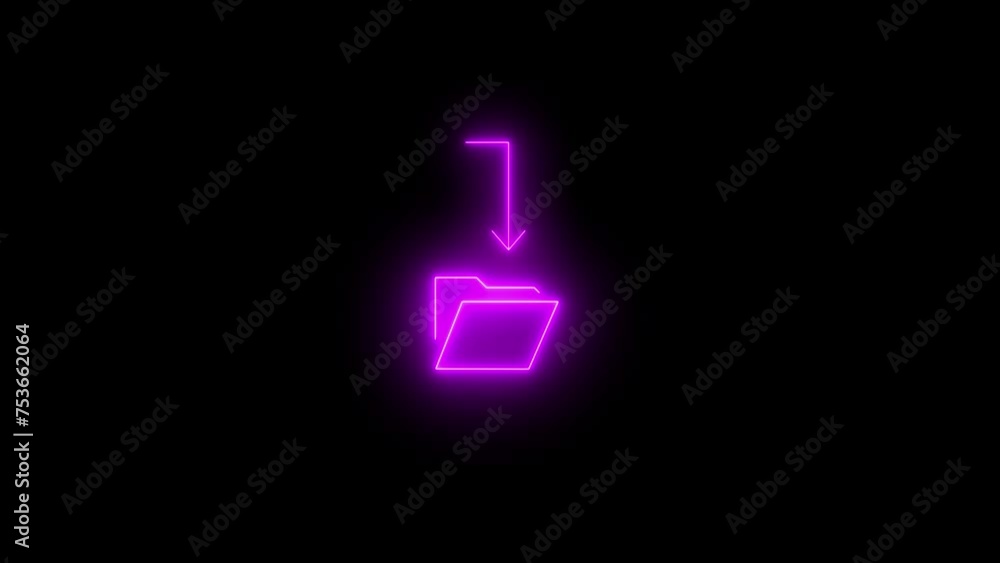 Poster glowing neon line cloud storage text document folder icon isolated on black background. 4k video mot