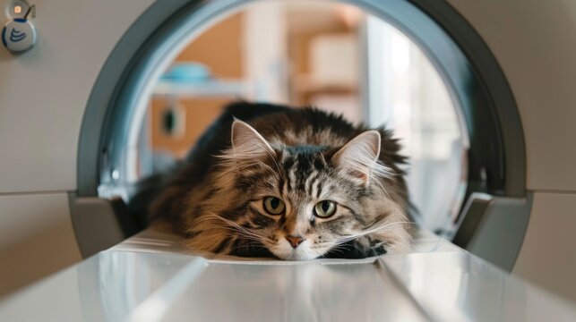 Cat in MRI - Magnetic resonance imaging scan device in veterinary clinic.