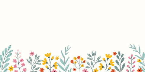 Spring rectangular celebration background with empty place for text in flat style. Hand drawn different colorful flowers and branches. Holiday seasonal floral template.