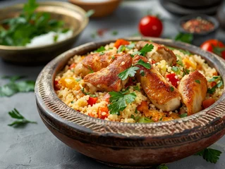 Foto op Aluminium A close-up of a flavorful couscous dish paired with succulent grilled chicken, garnished with fresh parsley. © cherezoff