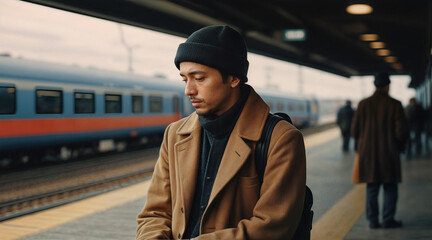 A commuter waiting at a train station, capturing a mix of anticipation, impatience, and contemplation. ai generative