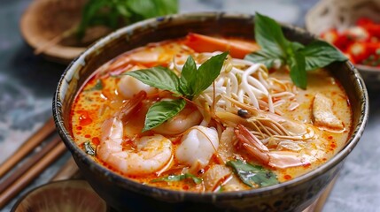 laksa soup with coconut milk, noodles, and seafood or chicken