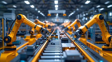 A factory with robots working on a conveyor belt