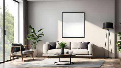 Frame mockup Living room wall poster mockup.  Modern interior design. 3D render, ISO A paper size.