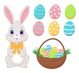 Easter set, bunny, Easter eggs, eggs in a basket isolated on a white background