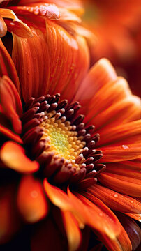 Red beautiful gerbera, daisy flower close up. Vertical macro picture, natural romantic floral background, greeting card