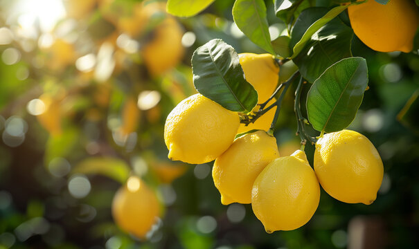 ripe lemons on the branch on a tree in orchard, harvest concept image, bright daylight, copy space	