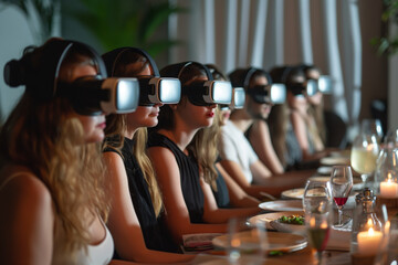 Leute in einem Restaurant mit VR-Headsets - obrazy, fototapety, plakaty