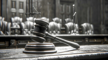 A gavel sits on a wooden pedestal in front of a judge's bench - obrazy, fototapety, plakaty