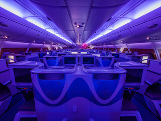 Business class cabin in Airbus A380-800 of Emirates Airline	