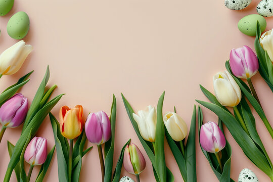 Creative layout with tulips frame and colorful Easter eggs. Empty space in the middle. Spring holidays concept.