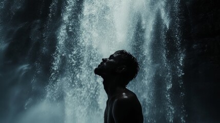 Obraz premium ashing hair, a man stands in a waterfall, removing shampoo from his hair, enveloped in mist and the noise of water.