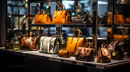High-fashion handbags and accessories organized in a chic boutique display, - obrazy, fototapety, plakaty