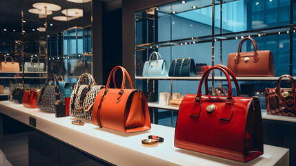 High-fashion handbags and accessories organized in a chic boutique display, - obrazy, fototapety, plakaty