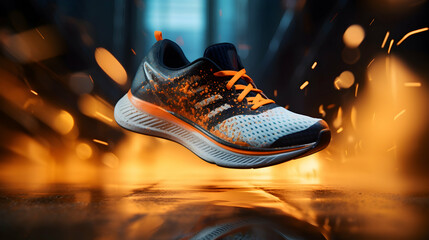 High-performance athletic shoes presented in an energetic sports environment, - obrazy, fototapety, plakaty