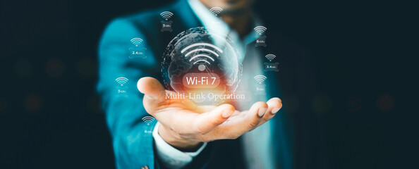 Wi-Fi 7 High-speed wireless Internet modern technology concept, Multi-Link Operation (MLO) wireless...