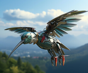 Hummingbird drone concept flying in the sky, wings spread, background image