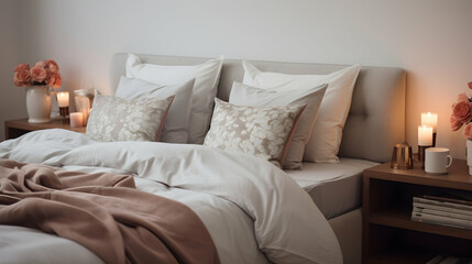 Luxurious bedding and linens arranged in a serene bedroom setting,