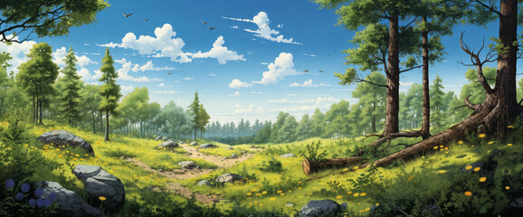 a painting of a forest with rocks and grass and trees and a blue sky with clouds above it and a path leading to a forest, generative ai