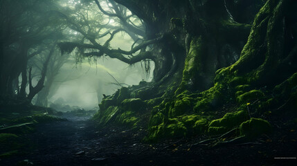Misty and mysterious forest with ancient trees,
