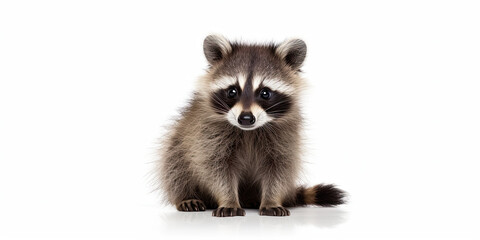 A baby raccoon sits on a white background. Free space for product placement or advertising text.