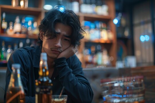 A young man looking despondent with his chin on his hand, a bottle of beer in front, in a dimly lit bar setting, evoking a sense of melancholy - Powered by Adobe