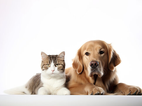 Happy cat and golden retriever dog lie on a white background.