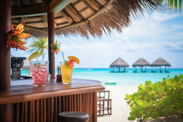 Various exotic tropical cocktail on  the beach bar at paradisiac resort during summer sunny day
