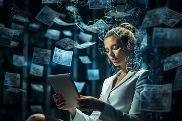 Abstract futuristic portrait of woman with tablet browsing internet or checking cloud files, human connected to a machine concept