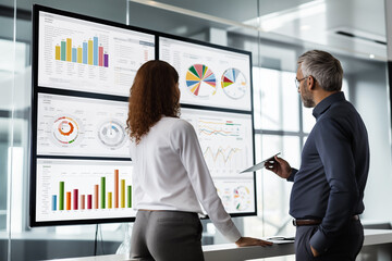 business team working in a meeting, woman and man using digital screen with pie charts in modern office,