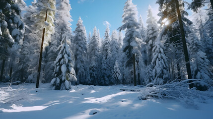 Obraz premium Snow-covered evergreen forest after a fresh snowfall,