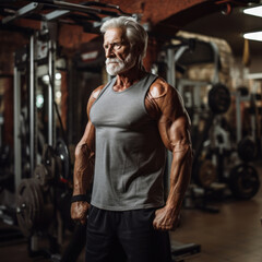 An elderly male bodybuilder stands in the gym. Advertising banner layout for fitness trainer.