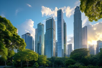 Obraz premium A panoramic view captures the towering office buildings in the heart of the city