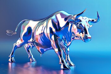 Obraz premium Metallic dynamic shiny bull on a blue background.