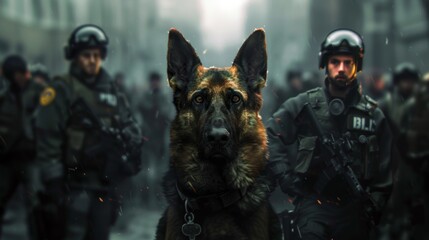 Police dog with special police force SWAT tactical team - obrazy, fototapety, plakaty