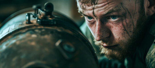 War - An experienced technician cautiously neutralizing a hazardous bomb, anxiety rising with each delicate movement against potential devastation.